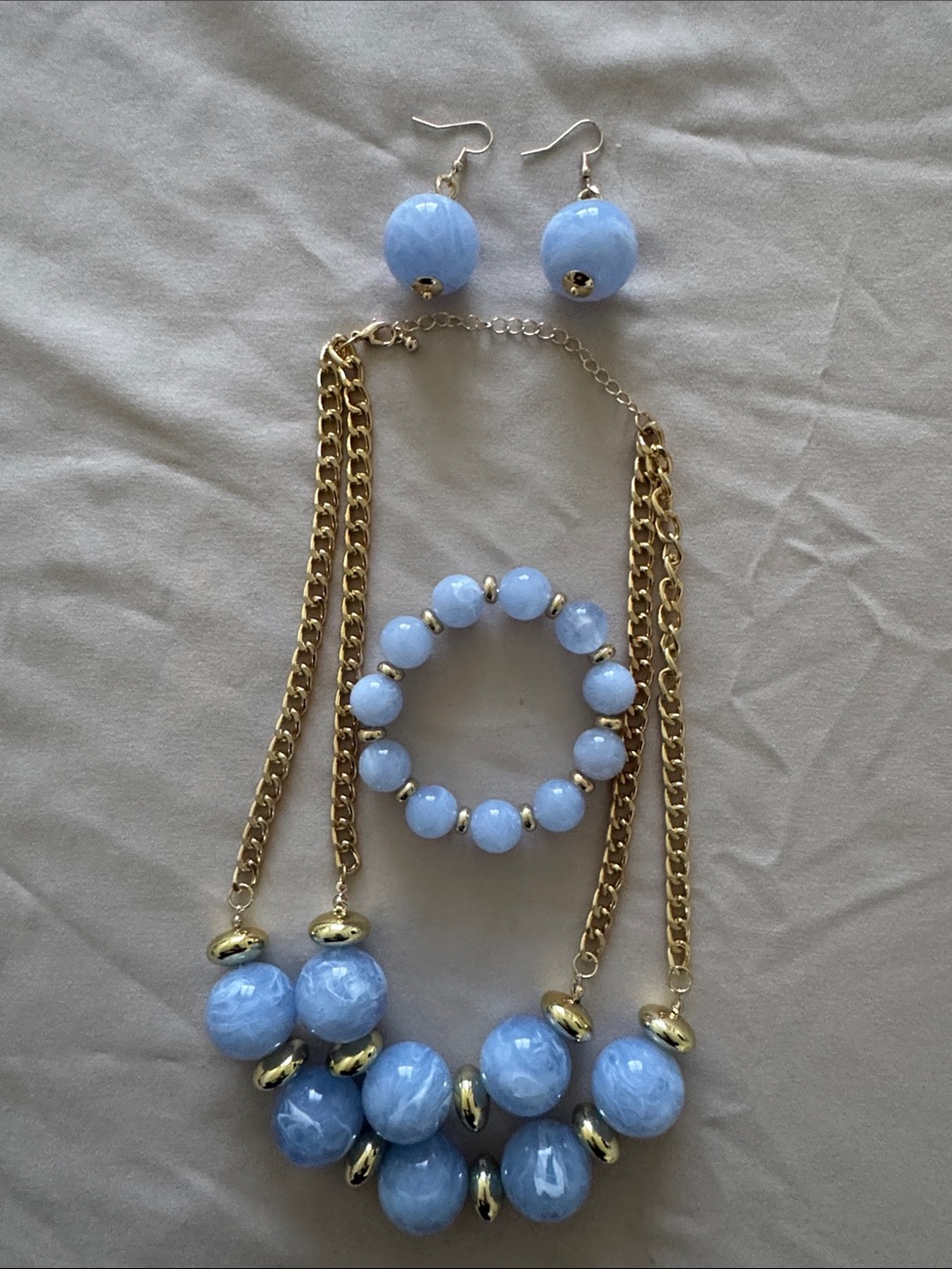 Light Blue Chunky Necklace, Bracelet & Earring Set - Gold Accent Women Jewelry
